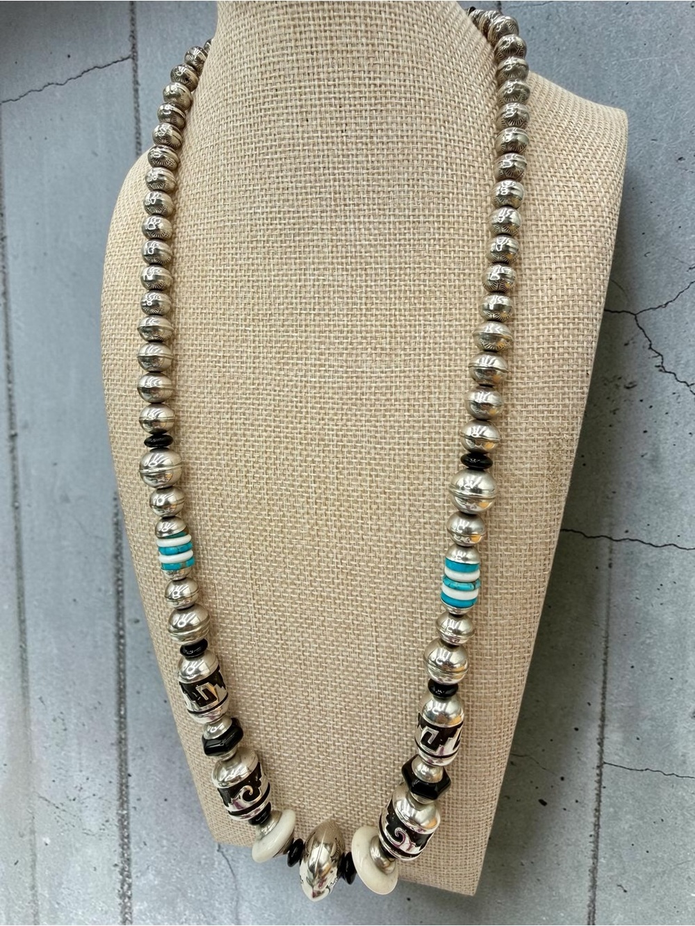 Thomas Singer Navajo Sterling Silver Turquoise Onyx MOP Bead Necklace 24” 74gram - Picture 4 of 17